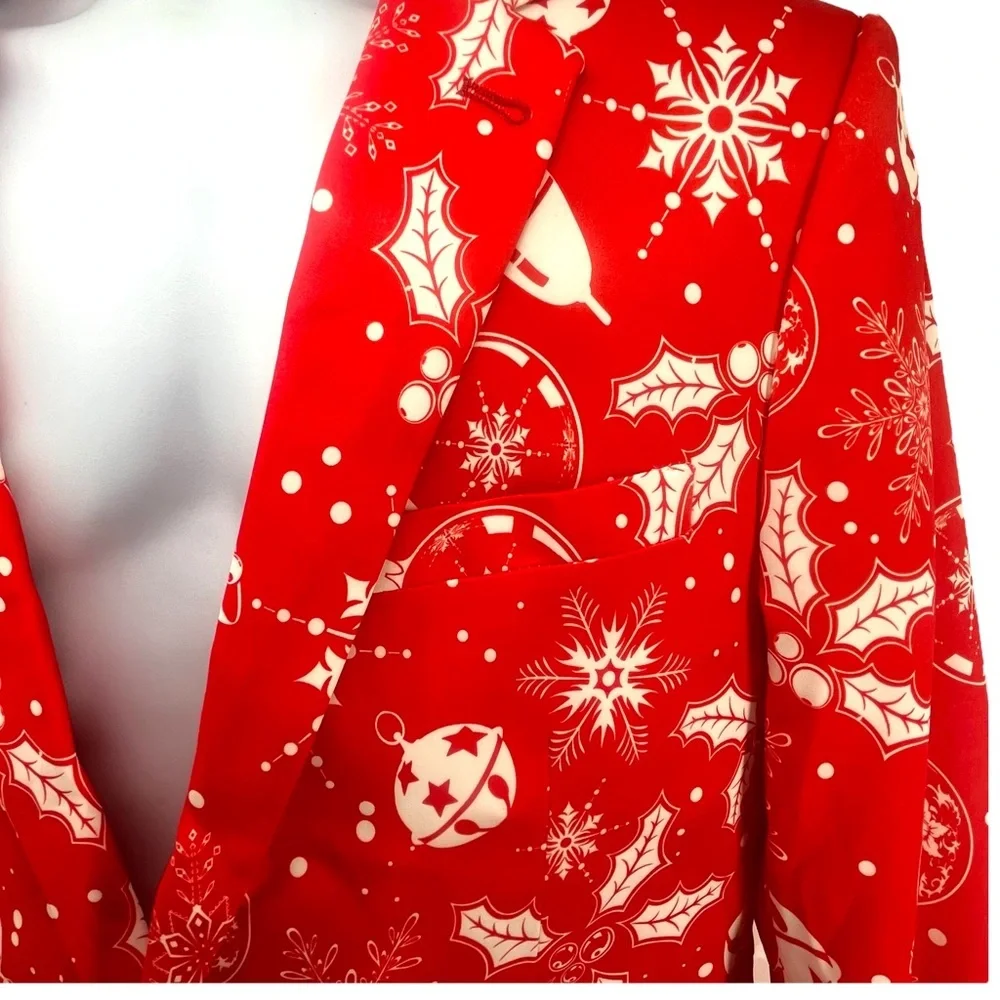Suslo Couture Mens Red Christmas Blazer Single Button 44R Slim Fit